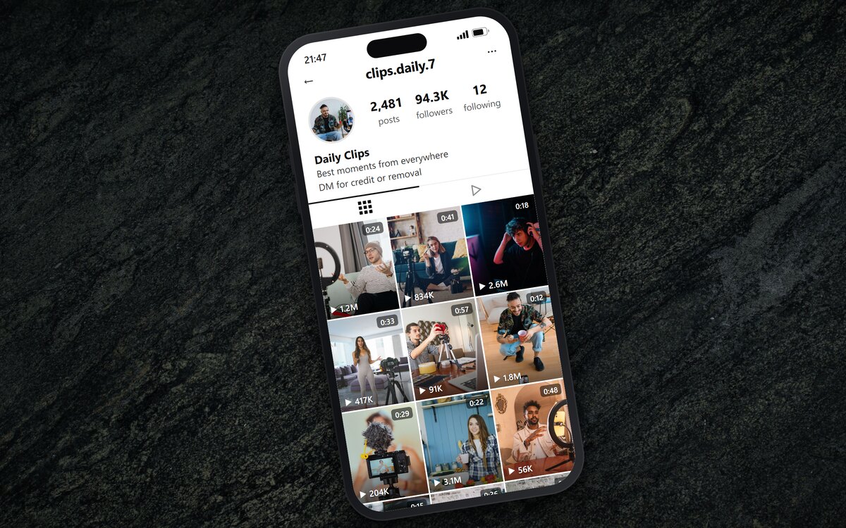 A repost account holding clips from a dozen different creators in one feed